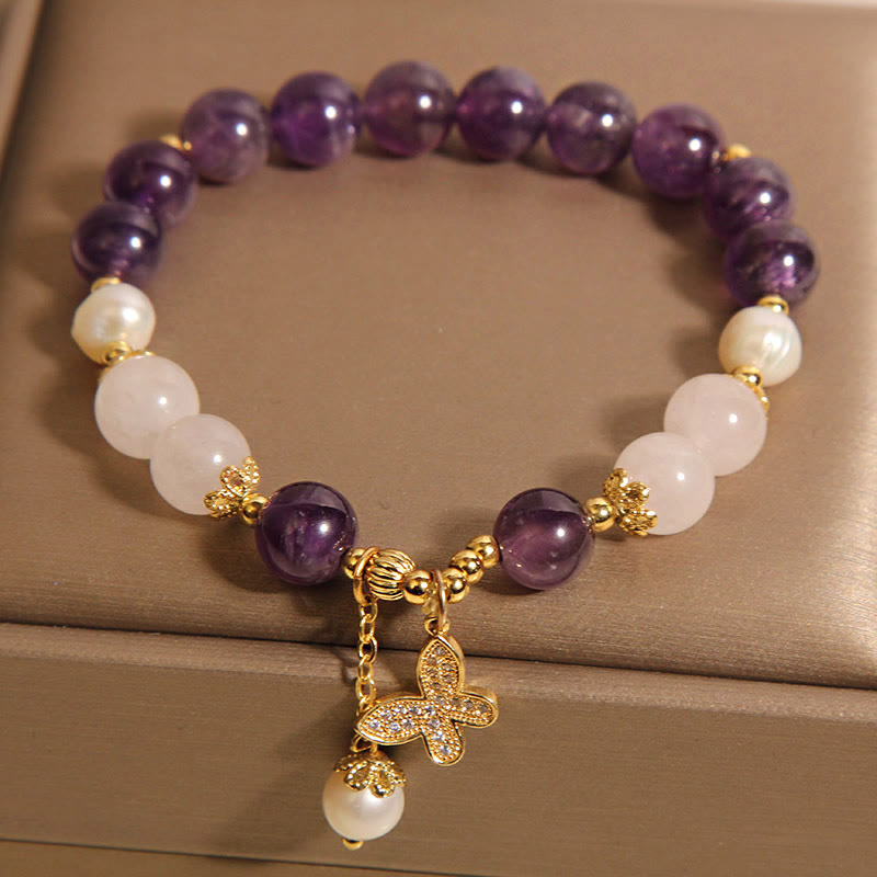 Bracciale con ciondolo a farfalla in cristallo di perla e ametista naturale Buddha Stones