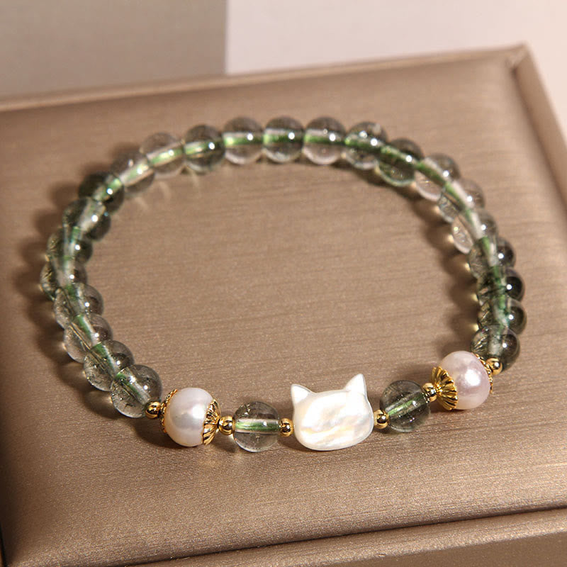 Braccialetto portafortuna con testa di gatto in perla fantasma verde naturale di Buddha Stones - image 2