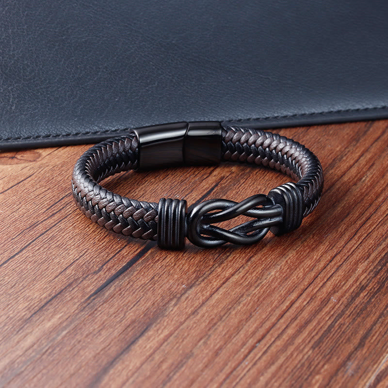 Bracciale con fibbia in pelle e bilanciere in acciaio al titanio con motivo a nodo infinito Buddha Stones