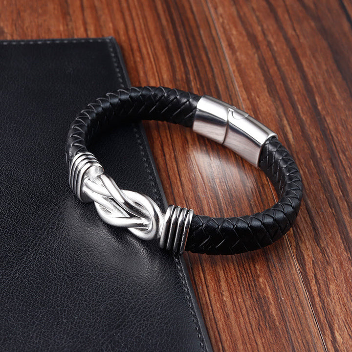 Bracciale con fibbia in pelle e bilanciere in acciaio al titanio con motivo a nodo infinito Buddha Stones