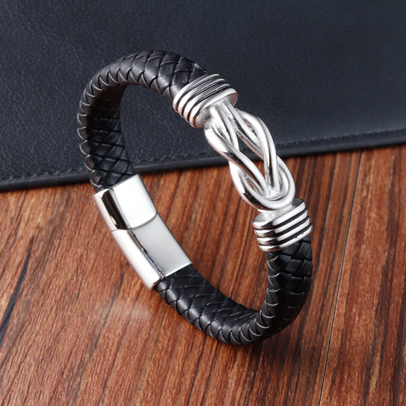Bracciale con fibbia in pelle e bilanciere in acciaio al titanio con motivo a nodo infinito Buddha Stones