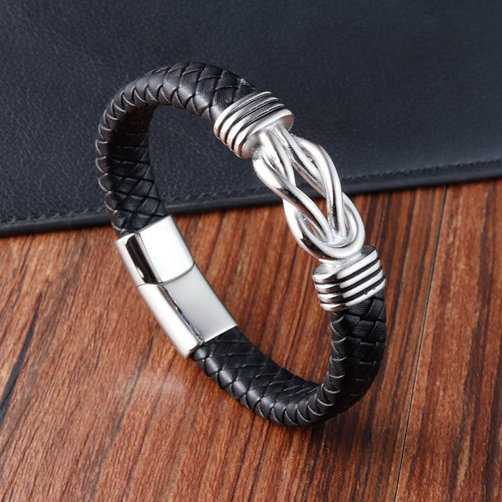 Bracciale con fibbia in pelle e bilanciere in acciaio al titanio con motivo a nodo infinito Buddha Stones