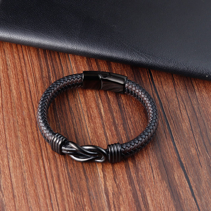 Bracciale con fibbia in pelle e bilanciere in acciaio al titanio con motivo a nodo infinito Buddha Stones