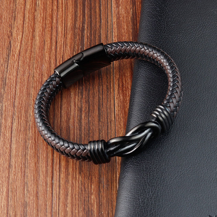 Bracciale con fibbia in pelle e bilanciere in acciaio al titanio con motivo a nodo infinito Buddha Stones
