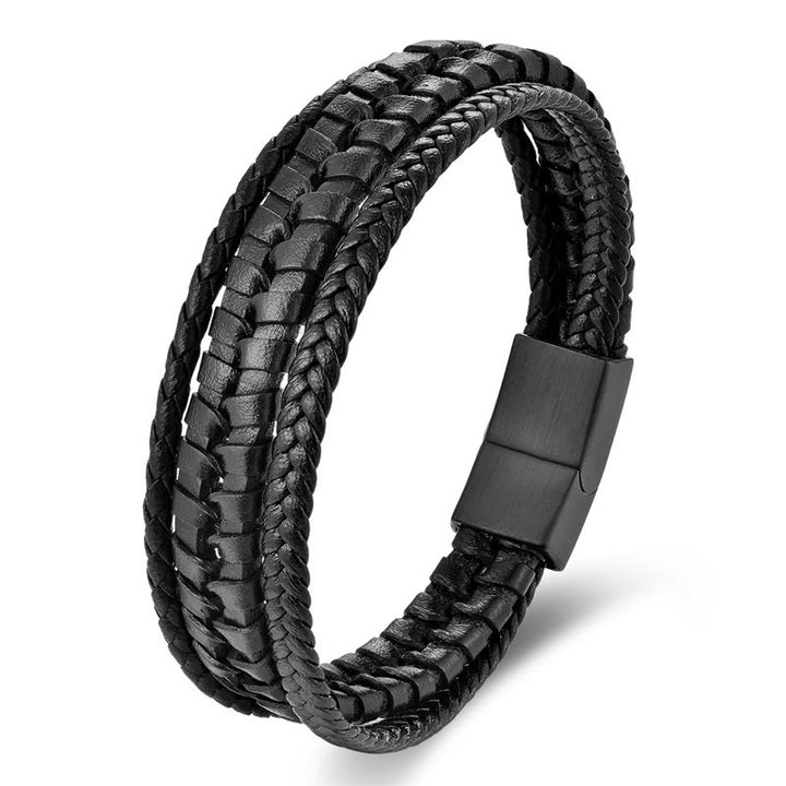 Bracciale con fibbia in pelle multistrato rinforzata in acciaio al titanio con motivo intrecciato semplice di Buddha Stones