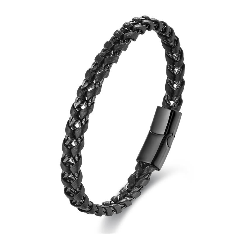 Bracciale con fibbia in pelle multistrato in acciaio al titanio con design intrecciato Buddha Stones
