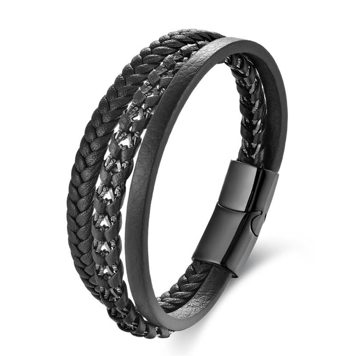 Bracciale con fibbia in pelle multistrato in acciaio al titanio con design intrecciato Buddha Stones