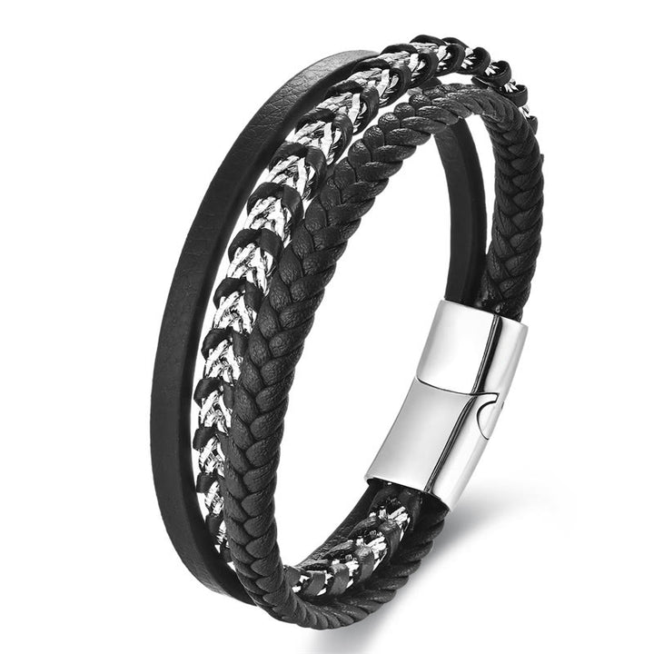 Bracciale con fibbia in pelle multistrato in acciaio al titanio con design intrecciato Buddha Stones