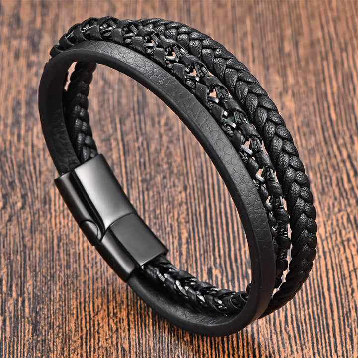 Bracciale con fibbia in pelle multistrato in acciaio al titanio con design intrecciato Buddha Stones