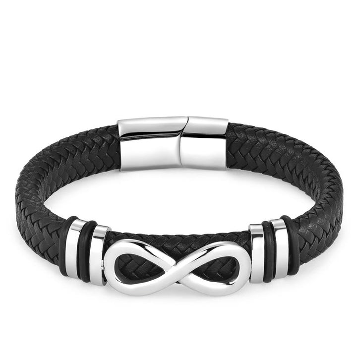 Bracciale con fibbia in pelle intrecciata rinforzata in acciaio al titanio con design a nodo infinito Buddha Stones