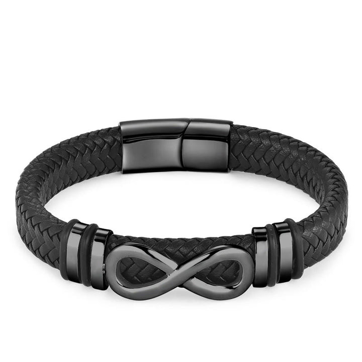 Bracciale con fibbia in pelle intrecciata rinforzata in acciaio al titanio con design a nodo infinito Buddha Stones