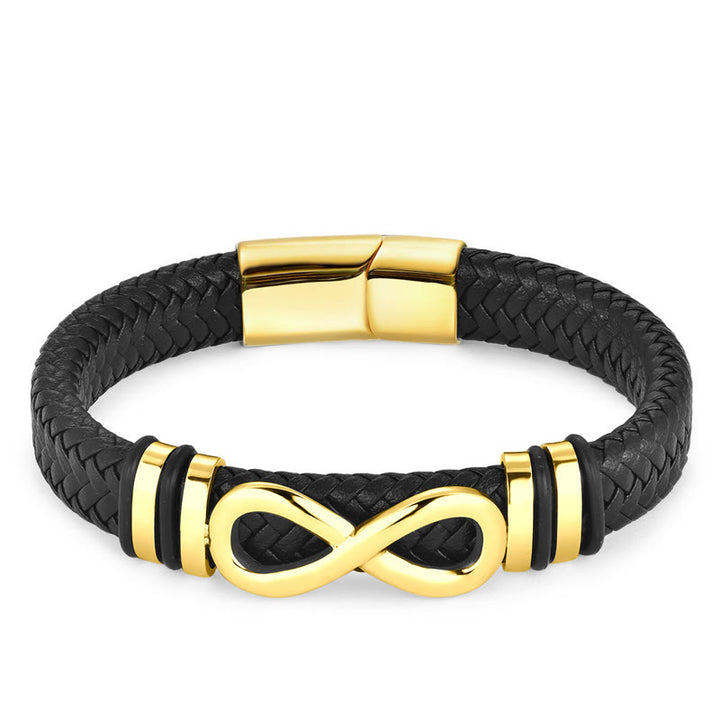 Bracciale con fibbia in pelle intrecciata rinforzata in acciaio al titanio con design a nodo infinito Buddha Stones