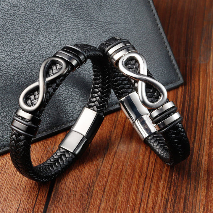 Bracciale con fibbia in pelle intrecciata rinforzata in acciaio al titanio con design a nodo infinito Buddha Stones