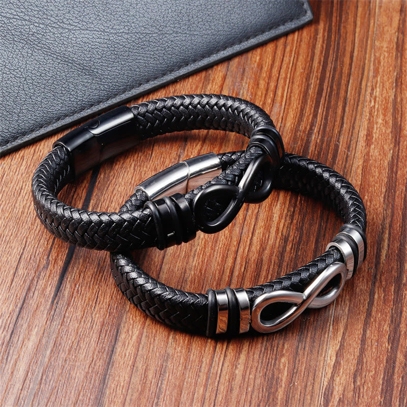 Bracciale con fibbia in pelle intrecciata rinforzata in acciaio al titanio con design a nodo infinito Buddha Stones