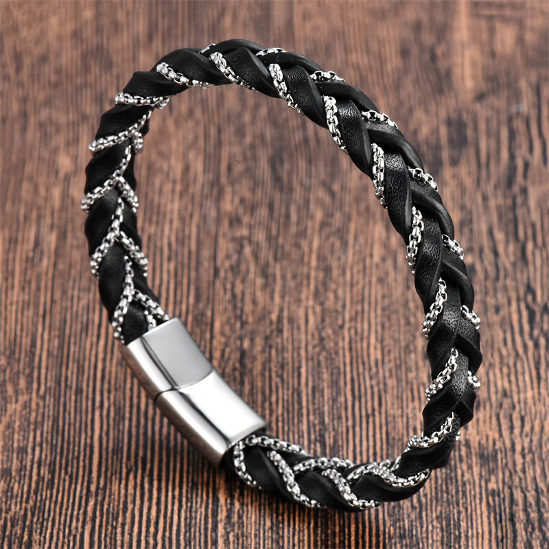 Bracciale con fibbia in pelle intrecciata, design semplice, in acciaio al titanio Buddha Stones