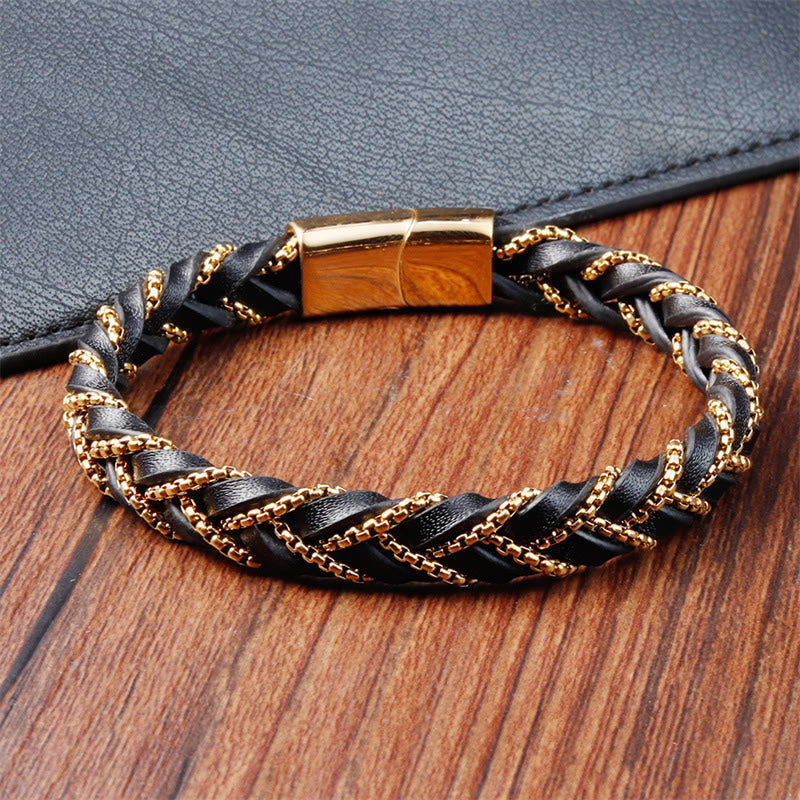 Bracciale con fibbia in pelle intrecciata, design semplice, in acciaio al titanio Buddha Stones