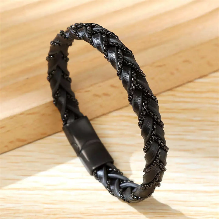 Bracciale con fibbia in pelle intrecciata, design semplice, in acciaio al titanio Buddha Stones
