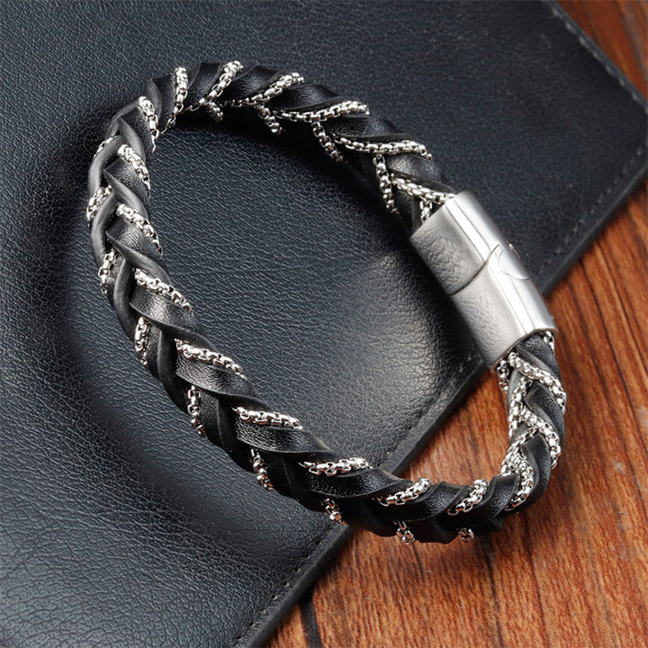 Bracciale con fibbia in pelle intrecciata, design semplice, in acciaio al titanio Buddha Stones