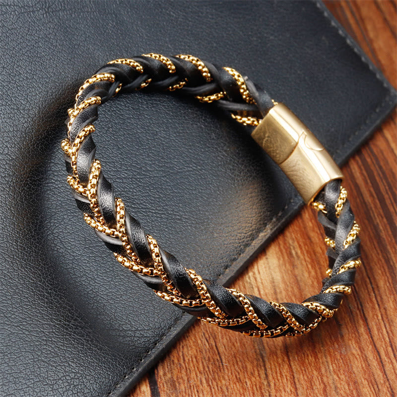 Bracciale con fibbia in pelle intrecciata, design semplice, in acciaio al titanio Buddha Stones