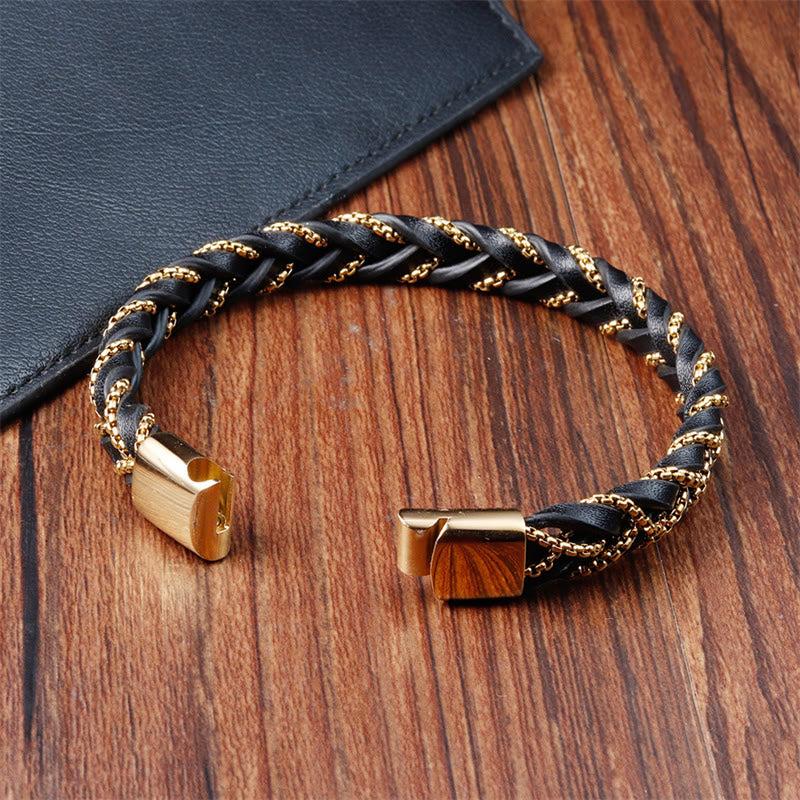 Bracciale con fibbia in pelle intrecciata, design semplice, in acciaio al titanio Buddha Stones