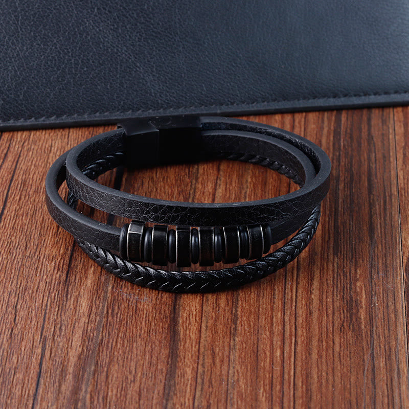 Bracciale Buddha Stones semplice in acciaio al titanio intrecciato con fibbia in pelle a tre strati e calmante