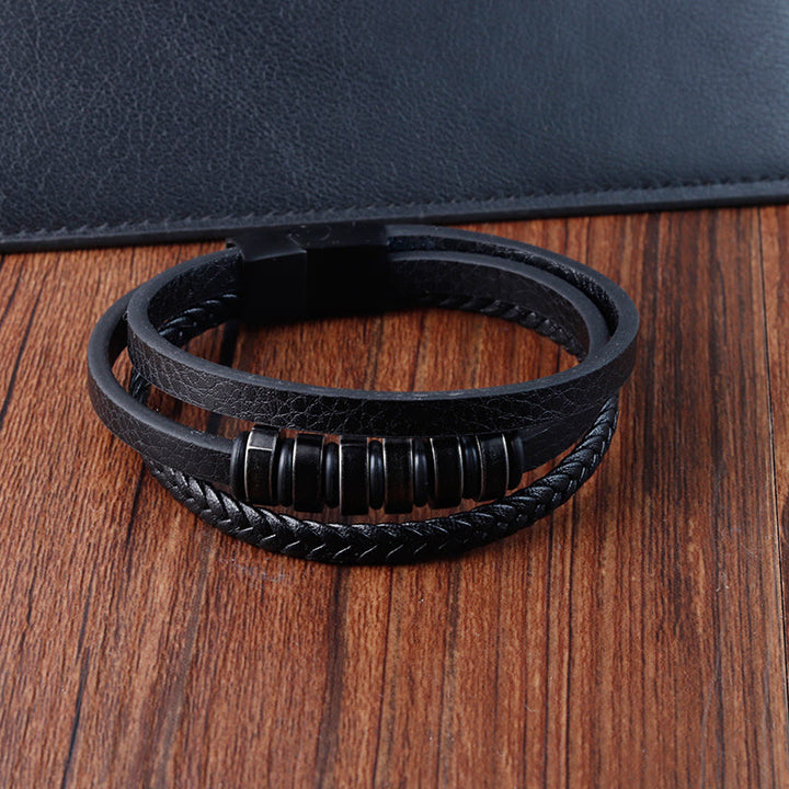 Bracciale Buddha Stones semplice in acciaio al titanio intrecciato con fibbia in pelle a tre strati e calmante
