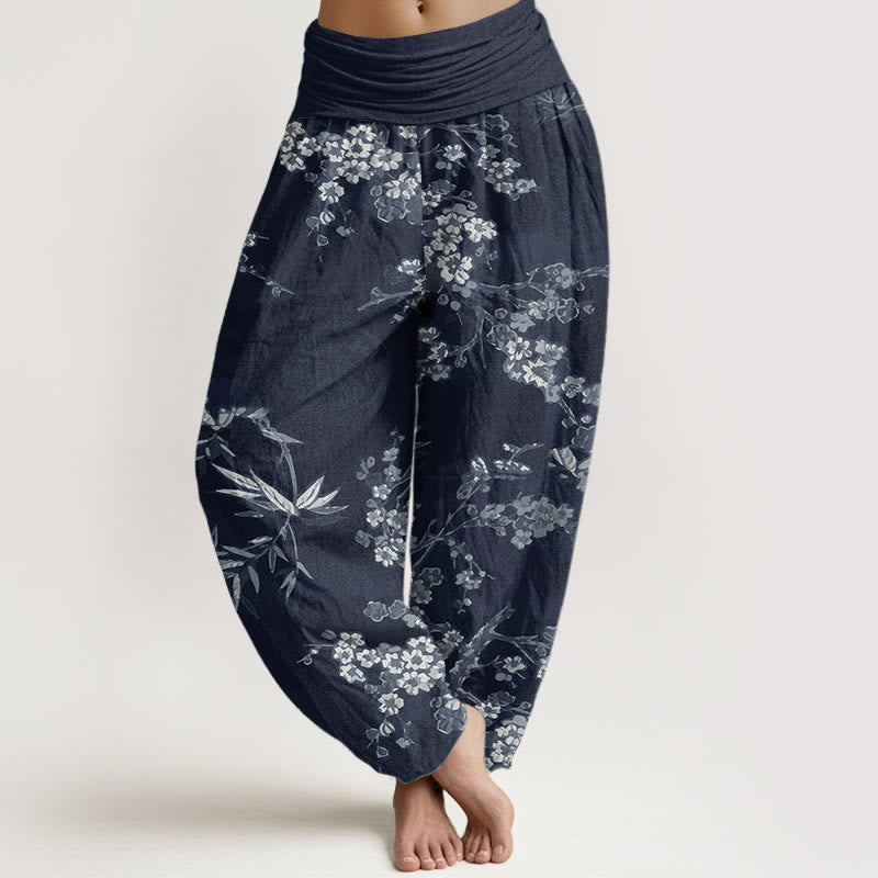 Pantaloni harem da donna con elastico in vita, in puro cotone, con motivo floreale Sakura bianco, motivo Buddha Stones - Blu notte - US22, UK/AU26, EU54 (6XL) - image 0