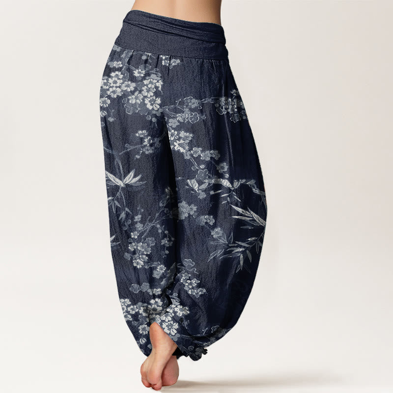 Pantaloni harem da donna con elastico in vita, in puro cotone, con motivo floreale Sakura bianco, motivo Buddha Stones - image 2