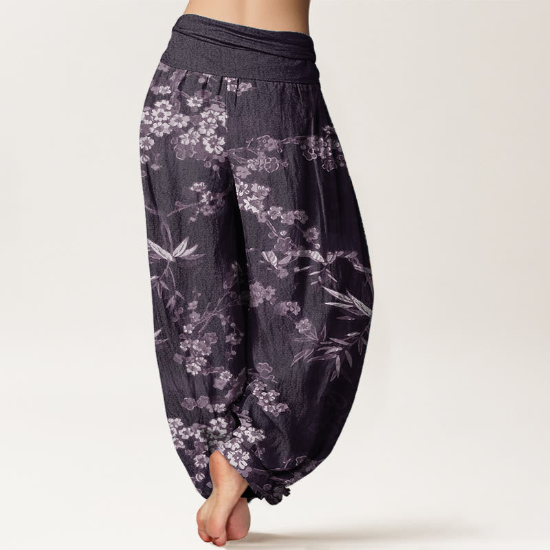 Pantaloni harem da donna con elastico in vita, in puro cotone, con motivo floreale Sakura bianco, motivo Buddha Stones - image 8