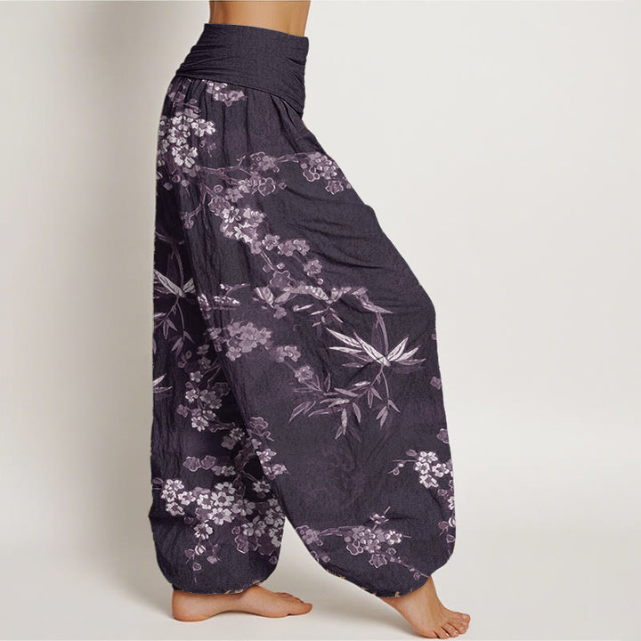 Pantaloni harem da donna con elastico in vita, in puro cotone, con motivo floreale Sakura bianco, motivo Buddha Stones - image 7