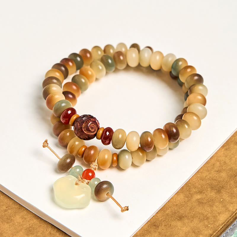 Bracciale a doppio giro con perline di abaco della saggezza, ciondolo con lucchetto della pace, semi di Bodhi colorati Buddha Stones