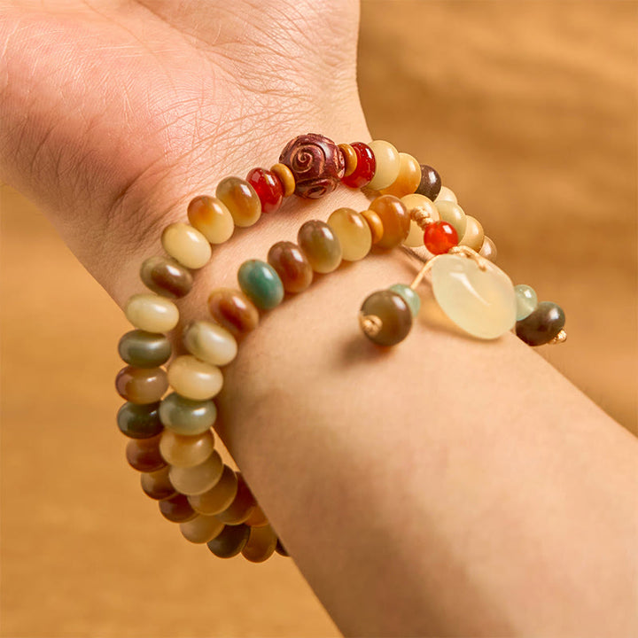 Bracciale a doppio giro con perline di abaco della saggezza, ciondolo con lucchetto della pace, semi di Bodhi colorati Buddha Stones