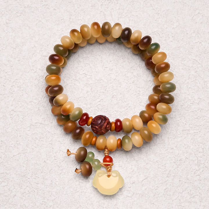 Bracciale a doppio giro con perline di abaco della saggezza, ciondolo con lucchetto della pace, semi di Bodhi colorati Buddha Stones