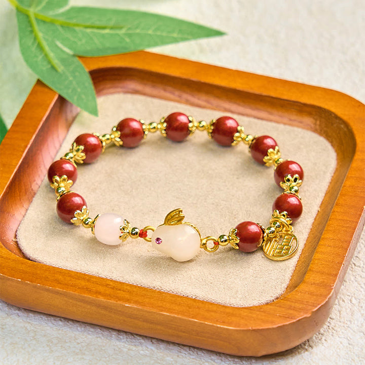Braccialetto di benedizione con ciondolo a forma di coniglietto Fu, con Buddha Stones in cinabro