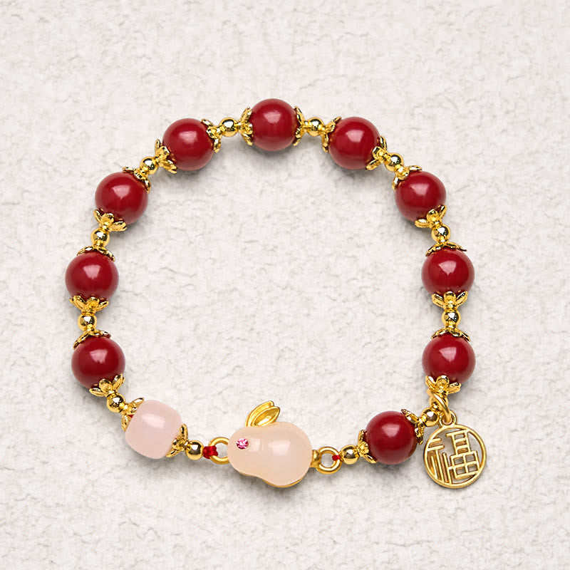 Braccialetto di benedizione con ciondolo a forma di coniglietto Fu, con Buddha Stones in cinabro