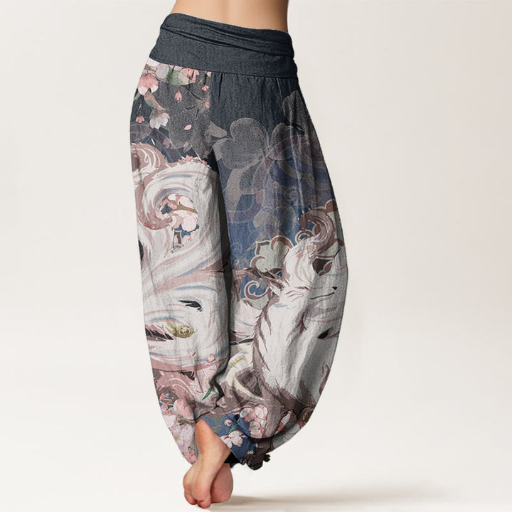Pantaloni harem da donna con elastico in vita, in puro cotone, con motivo a fiori di ciliegio e pietre Buddha Stones - image 2
