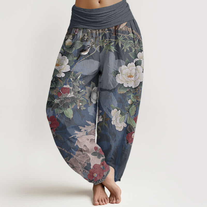 Pantaloni harem da donna con elastico in vita, in puro cotone, casual, con fiori di peonia e foglie di gazza, Buddha Stones - SteelBlue - US22, UK/AU26, EU54 (6XL) - image 8