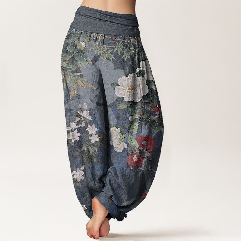 Pantaloni harem da donna con elastico in vita, in puro cotone, casual, con fiori di peonia e foglie di gazza, Buddha Stones - image 10