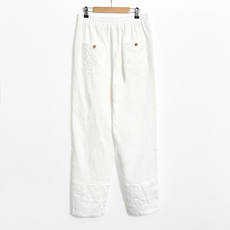 Pantaloni da donna in cotone e lino con tasche, modello patchwork in pizzo bianco con Buddha Stones - image 6