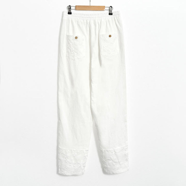 Pantaloni da donna in cotone e lino con tasche, modello patchwork in pizzo bianco con Buddha Stones - image 6