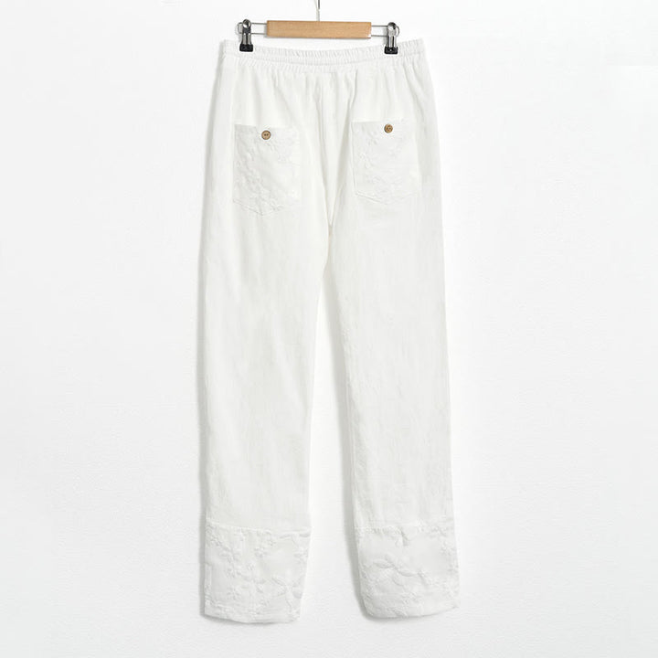 Pantaloni da donna in cotone e lino con tasche, modello patchwork in pizzo bianco con Buddha Stones - image 7