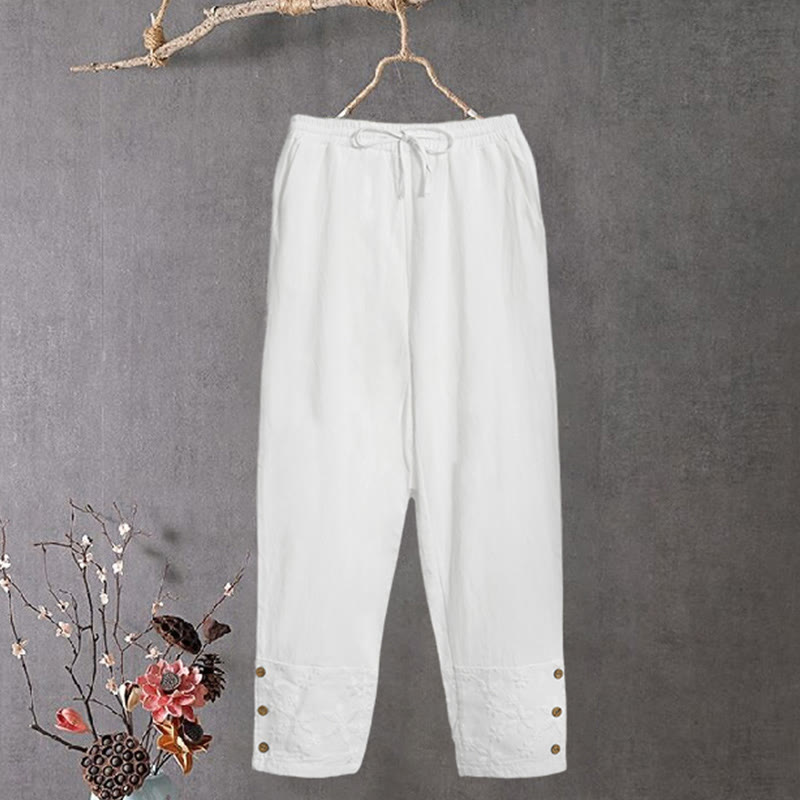 Pantaloni da donna in cotone e lino con tasche, modello patchwork in pizzo bianco con Buddha Stones - Bianco - US14, UK/AU18, EU46 (2XL) - image 0
