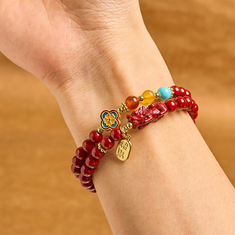 Braccialetto a doppio giro con benedizione del carattere PiXiu Fu in cinabro Buddha Stones
