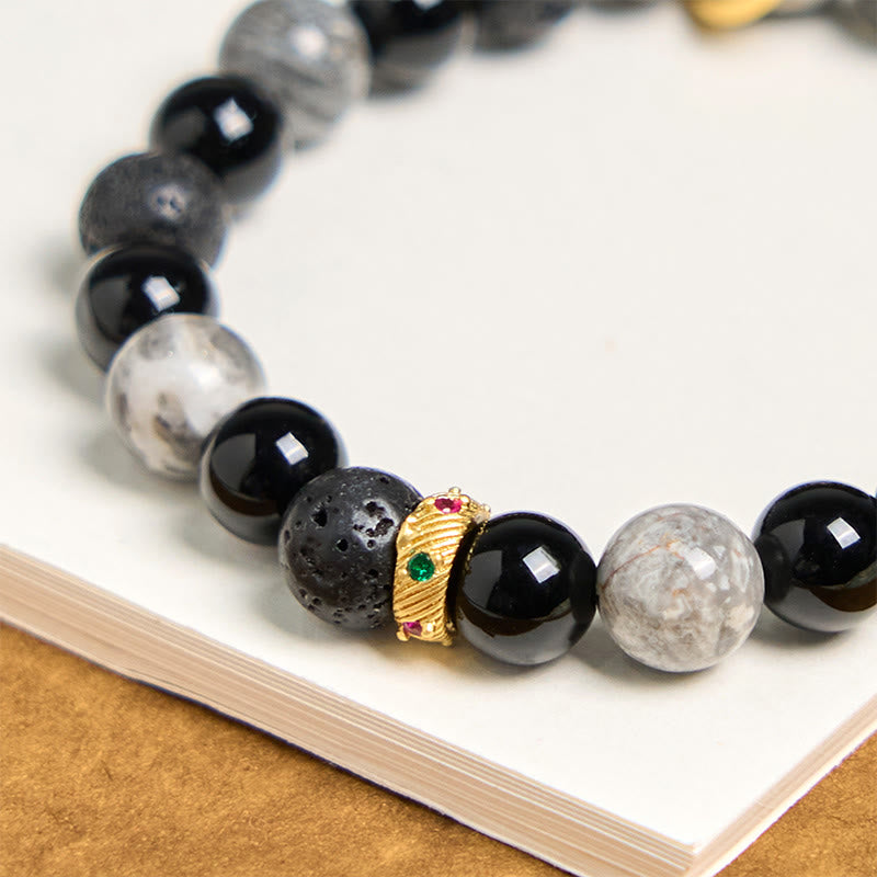 Braccialetto curativo in pietra lavica, onice nero, diaspro Picasso e Buddha Stones