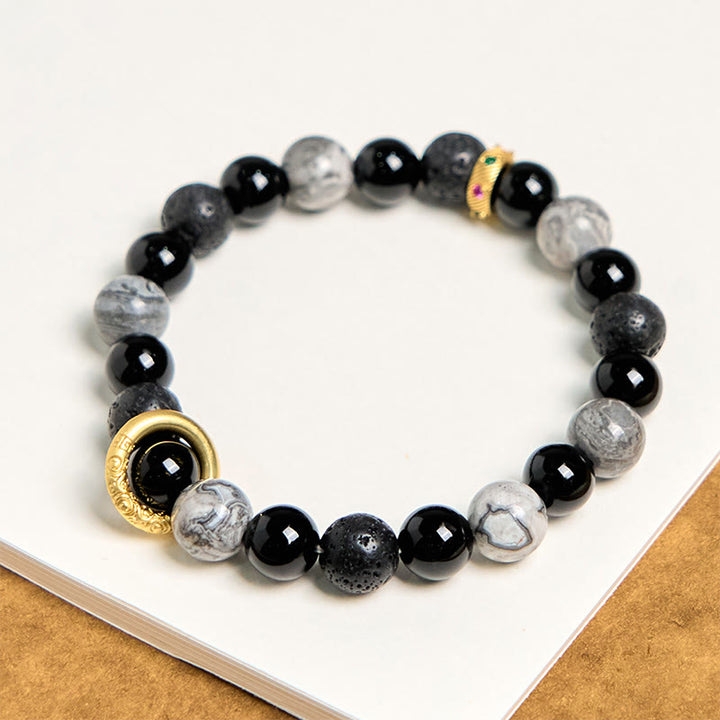 Braccialetto curativo in pietra lavica, onice nero, diaspro Picasso e Buddha Stones
