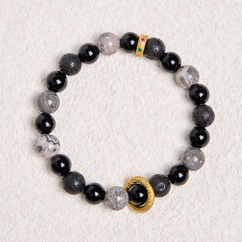 Braccialetto curativo in pietra lavica, onice nero, diaspro Picasso e Buddha Stones
