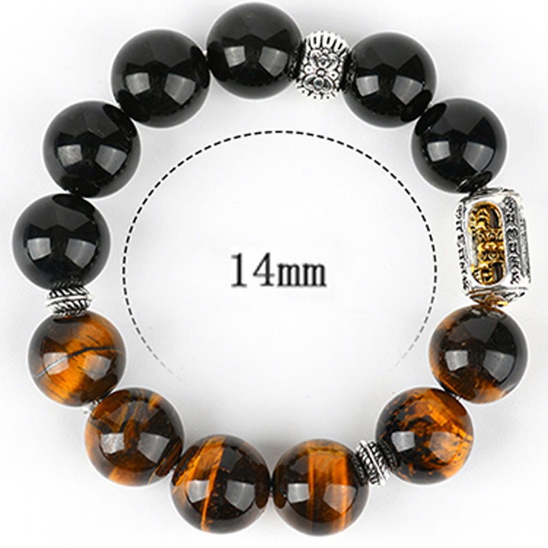 Bracciale di protezione Vajra in ossidiana naturale con occhio di tigre e argento lucido Buddha Stones