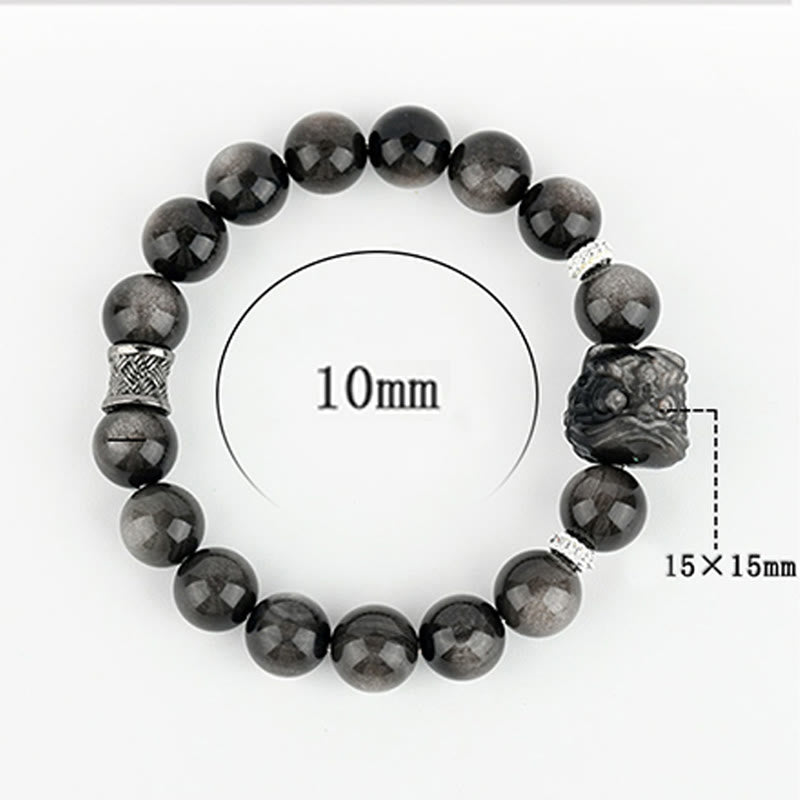 Bracciale di protezione della danza del leone in ossidiana lucida e argento naturale Buddha Stones