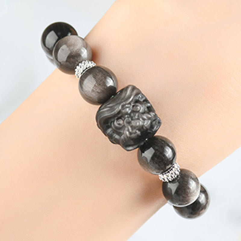 Bracciale di protezione della danza del leone in ossidiana lucida e argento naturale Buddha Stones