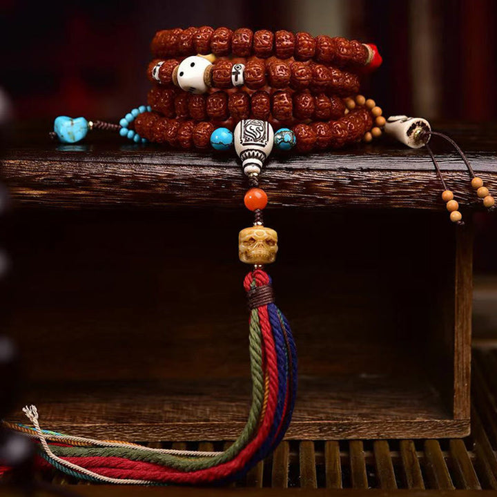 Buddha Stones 108 perle Rudraksha Bodhi Seed Wealth Tassel Mala